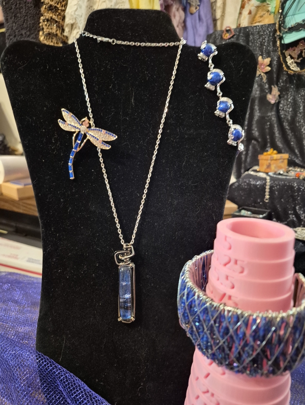 Artisan Nature Jewelry Set: Blue Kyanite Pendant, Dragonfly Brooch, Lapis Lazuli